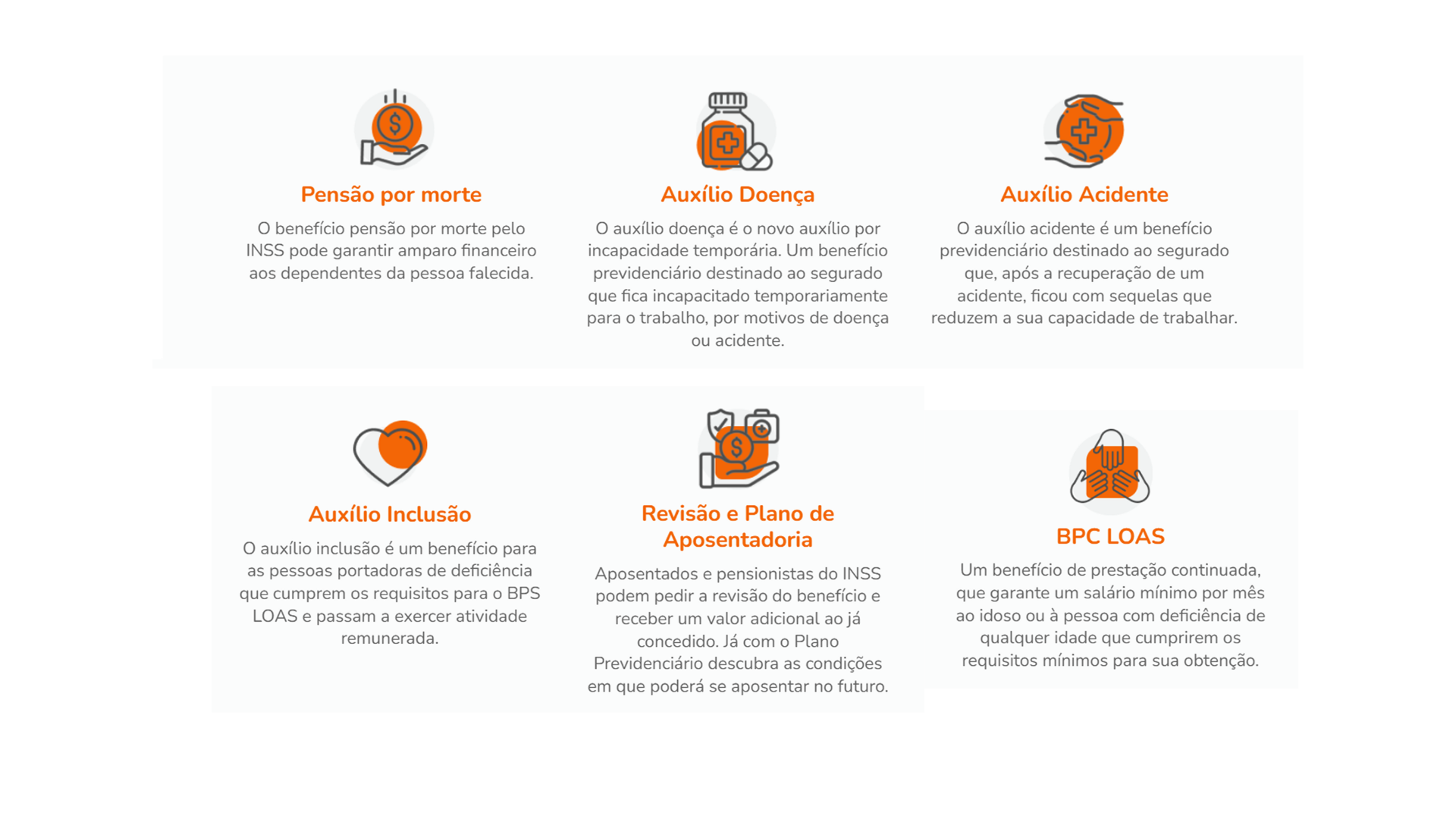 Tipos de Benefícios Sociais: Pensão por morte, Auxílio Doença, Auxílio Acidente, Auxílio Inclusão, Revisão e Plano de Aposentadoria, BPC LOAS